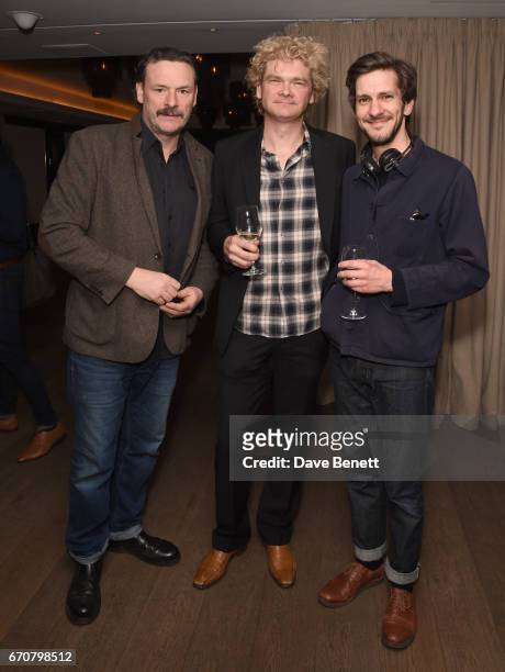 Julian Barratt, Simon Farnaby and Matthew Baynton attend a gala screening of "Mindhorn" at the May Fair Hotel on April 20, 2017 in London, England.