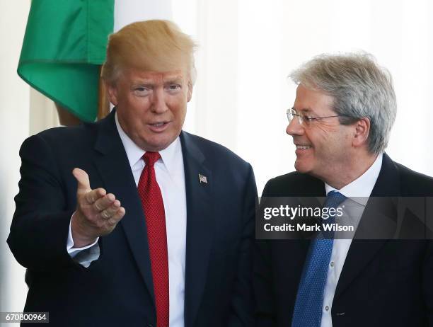 President Donald Trump welcome's Italy Prime Minister Paolo Gentiloni after he arrived at the West Wing of the White House, on April 20, 2017 in...