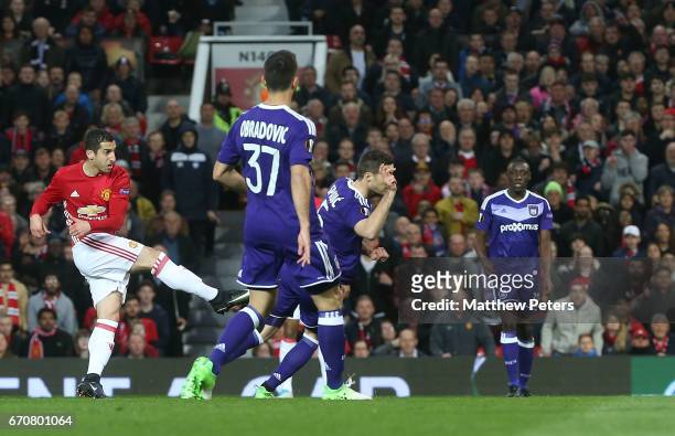 Henrikh Mkhitaryan of Manchester United scores their first goal during the UEFA Europa League quarter final second leg match between Manchester...