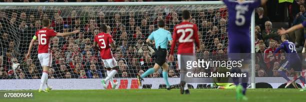Sofiane Hanni of RSC Anderlecht scores their first goal during the UEFA Europa League quarter final second leg match between Manchester United and...