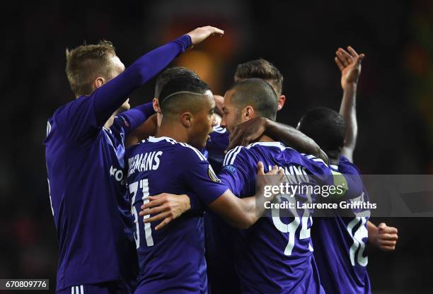 Sofiane Hanni of RSC Anderlecht celebrates as he scores their first goal with team mates during the UEFA Europa League quarter final second leg match...