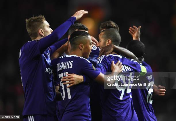 Sofiane Hanni of RSC Anderlecht celebrates as he scores their first goal with team mates during the UEFA Europa League quarter final second leg match...