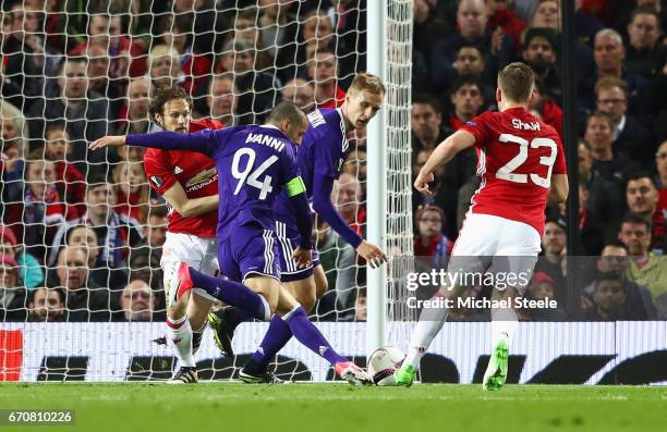 Sofiane Hanni of RSC Anderlecht scores their first goal during the UEFA Europa League quarter final second leg match between Manchester United and...