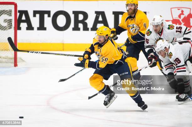 Roman Josi the Nashville Predators skates against the Chicago Blackhawks in Game Three of the Western Conference First Round during the 2017 NHL...