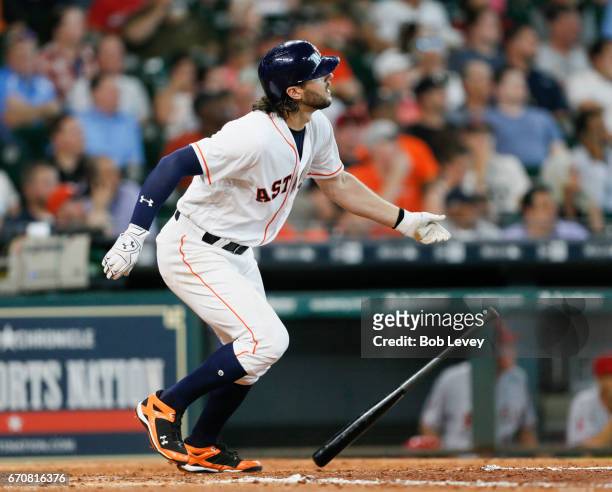 Jake Marisnick of the Houston Astros hits a home run in the fifth inning against the Los Angeles Angels of Anaheim at Minute Maid Park on April 20,...