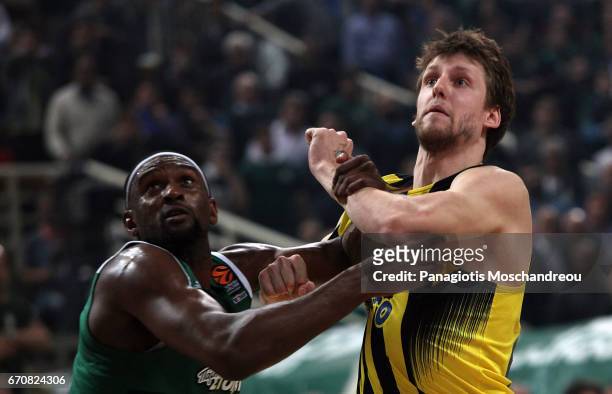 Jan Vesely, #24 of Fenerbahce Istanbul competes with Chris Singleton, #0 of Panathinaikos Superfoods Athens during the 2016/2017 Turkish Airlines...