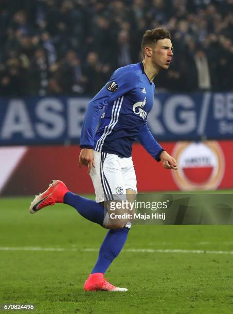 Leon Goretzka of FC Schalke 04 celebrates as he scores their first goal during the UEFA Europa League quarter final second leg match between FC...