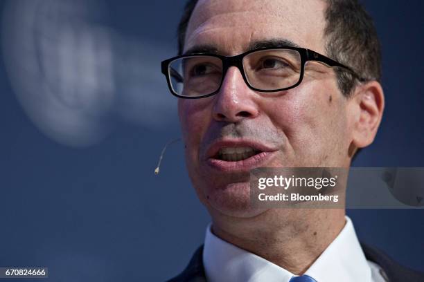 Steven Mnuchin, U.S. Treasury secretary, speaks during a discussion at the Institute of International Finance policy summit in Washington, D.C.,...