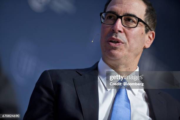Steven Mnuchin, U.S. Treasury secretary, speaks during a discussion at the Institute of International Finance policy summit in Washington, D.C.,...