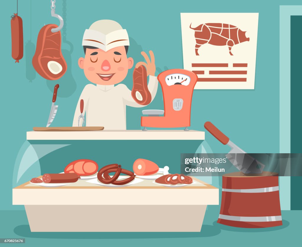 Meat Shop Counter Butcher Seller Retro Vintage Cartoon Character Icon Background  Design Vector Illustration High-Res Vector Graphic - Getty Images