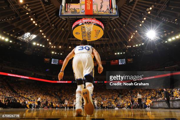 Stephen Curry of the Golden State Warriors turns around and runs up the court against the Portland Trail Blazers during Game Two of the Western...