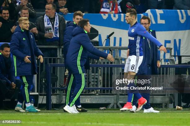 Leon Goretzka of Schalke celebrates the first goal during the UEFA Europa League quarter final second leg match between FC Schalke 04 and Ajax...