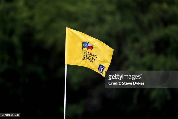 Pin flag is seen during the first round of the Valero Texas Open at TPC San Antonio AT&T Oaks Course on April 20, 2017 in San Antonio, Texas.