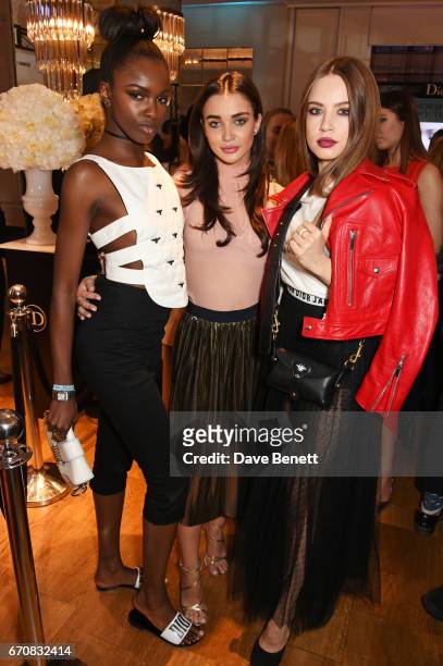Leomie Anderson, Amy Jackson and Xenia Tchoumi attend the launch of the Dior Pump 'N' Volume Mascara with Dior spokesmodel Bella Hadid at Selfridges...