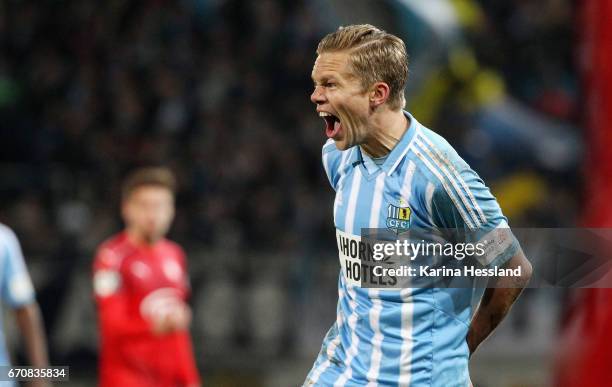 Dennis Grote of Chemnitz reacts during the Semi-finals at Wernesgruener Sachsen Pokal between Chemnitzer FC and FSV Zwickau on April 19, 2017 at...