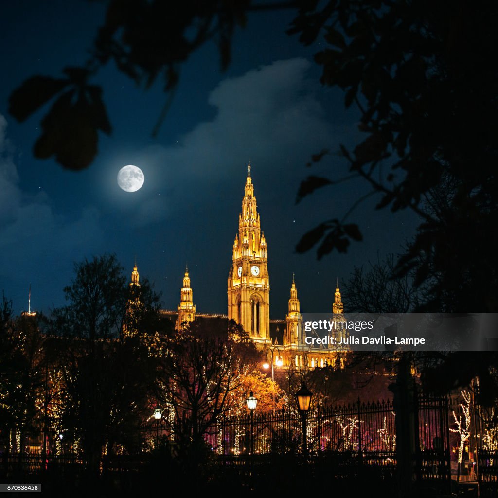 Vienna Town Hall at night.