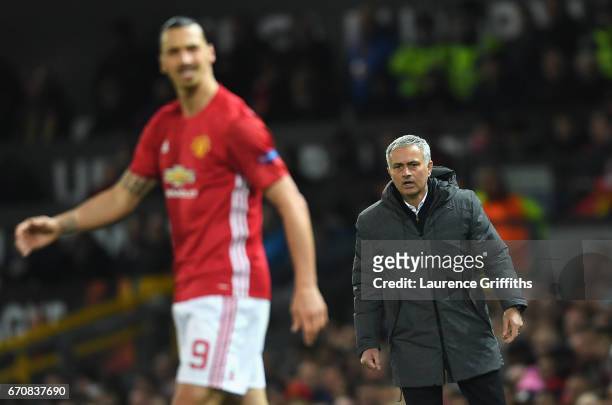 Jose Mourinho manager of Manchester United looks towards Zlatan Ibrahimovic of Manchester United during the UEFA Europa League quarter final second...