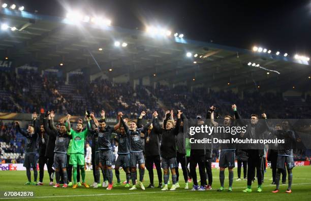 Celta Vigo players celebrate after the UEFA Europa League quarter final second leg between KRC Genk and Celta Vigo at Luminus Arena on April 20, 2017...