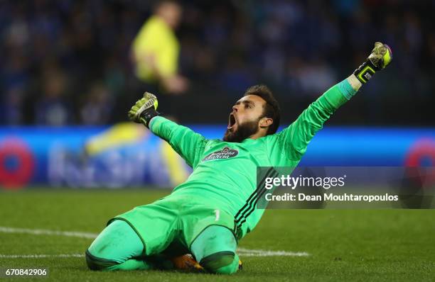 Sergio Alvarez of Celta Vigo celebrates after the UEFA Europa League quarter final second leg between KRC Genk and Celta Vigo at Luminus Arena on...