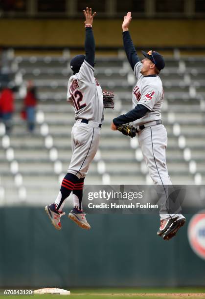 Francisco Lindor and Lonnie Chisenhall of the Cleveland Indians celebrate winning the game against the Minnesota Twins on April 20, 2017 at Target...