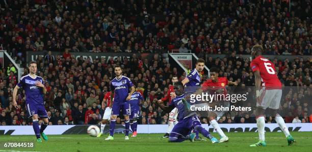 Marcus Rashford of Manchester United scores their second goal during the UEFA Europa League quarter final second leg match between Manchester United...