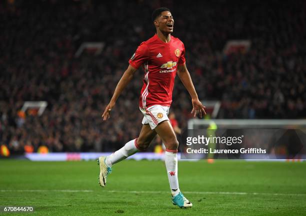 Marcus Rashford of Manchester United celebrates as he scores their second goal during the UEFA Europa League quarter final second leg match between...