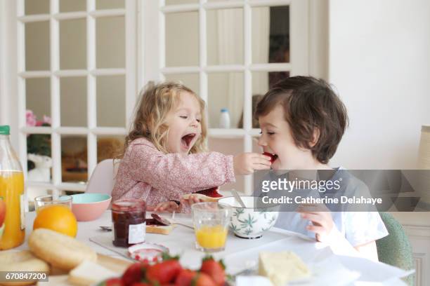 a brother and a sister having their breakfast - fruits table top imagens e fotografias de stock