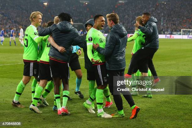 The team of Amsterdam celebrates the first goal by Nick Viergever of Amsterdam during the UEFA Europa League quarter final second leg match between...