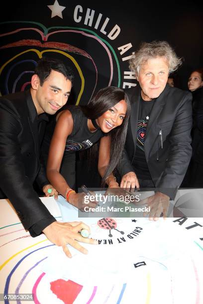 Nicola Formichetti, Naomi Campbell and Renzo Rosso attends Fashion For Relief 'Child At Heart' cocktail party on April 20, 2017 in Paris, France. The...