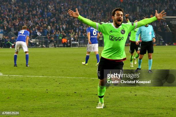 Amin Younes of Amsterdam celebrates the second goal during the UEFA Europa League quarter final second leg match between FC Schalke 04 and Ajax...