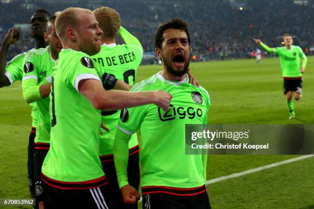 Amin Younes of Amsterdam celebrates the second goal with Davy Klaassen of Amsterdam during the UEFA Europa League quarter final second leg match...