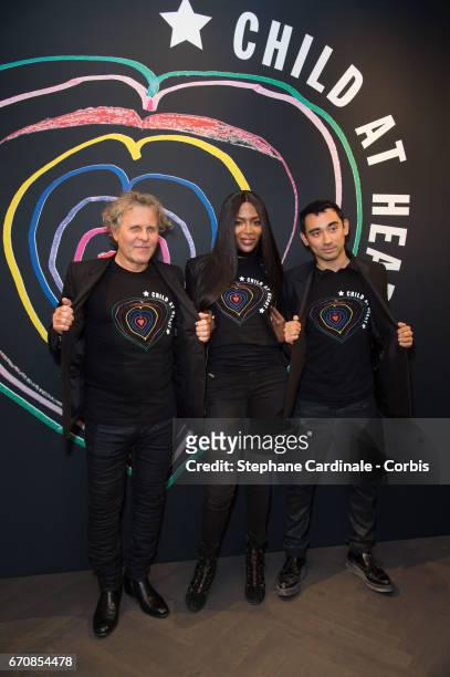 Renzo Rosso, Supermodel Naomi Campbell and Stylist Nicola Formichetti attend Fashion For Relief 'Child At Heart' cocktail party on April 20, 2017 in...