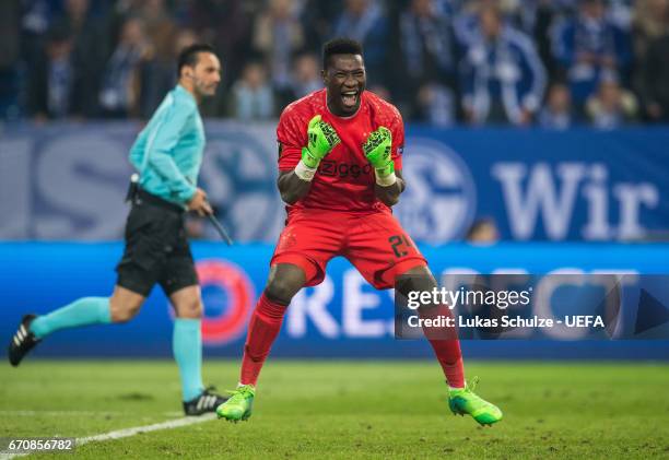 Goalkeeper Andre Onana of Amsterdam celebrates after the UEFA Europa League quarter final second leg match between FC Schalke 04 and Ajax Amsterdam...