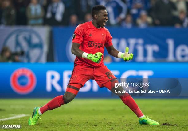 Goalkeeper Andre Onana of Amsterdam celebrates after the UEFA Europa League quarter final second leg match between FC Schalke 04 and Ajax Amsterdam...