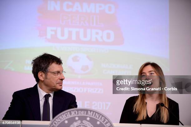 Television presenter Fabrizio Frizzi and the Under Secretary of State and Minister for Equal Opportunities, Maria Elena Boschi attend a press...