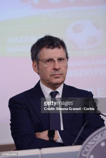 Television presenter Fabrizio Frizzi attends a press conference hosted by Under Secretary of State and Minister for Equal Opportunities, Maria Elena...