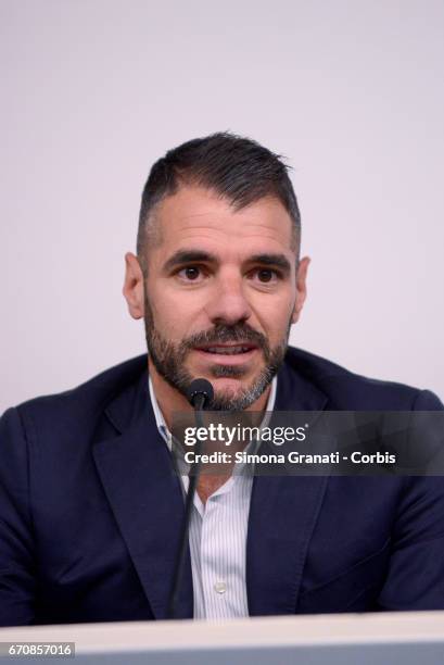 Former Roma player Simone Perrotta attends a press conference hosted by Under Secretary of State and Minister for Equal Opportunities, Maria Elena...