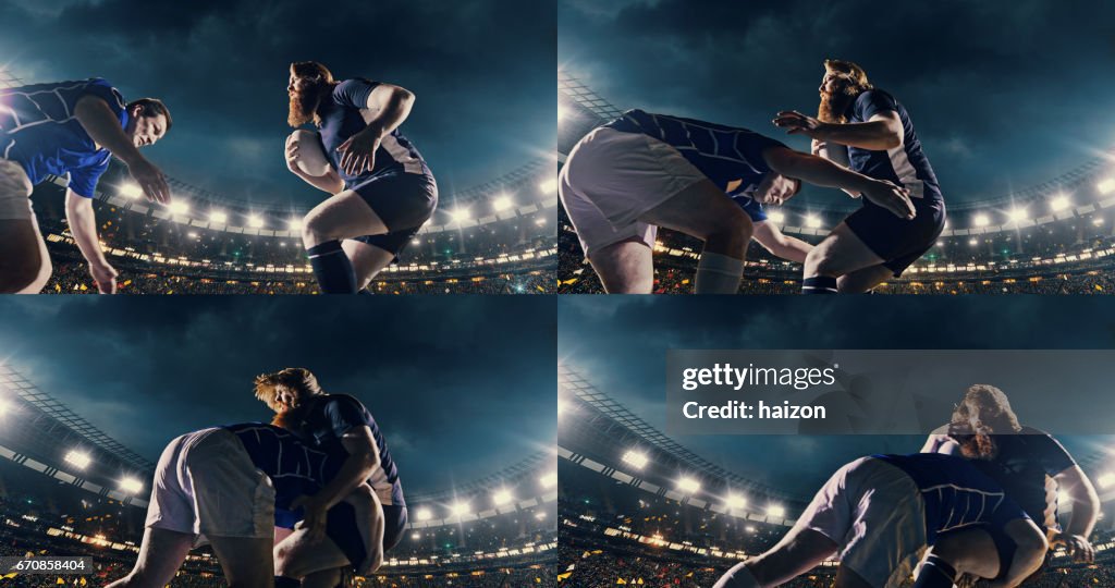 Rugby player jumps with a ball