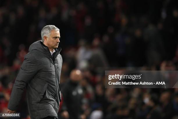 Manchester United Head Coach / Manager Jose Mourinho walks off at the end of the UEFA Europa League quarter final second leg match between Manchester...