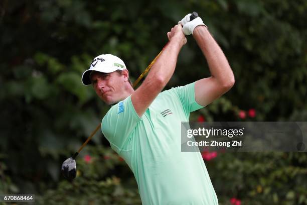 Nicolas Colsaerts of Belgium plays a shot during the first round of the Shenzhen International at Genzon Golf Club on April 20, 2017 in Shenzhen,...