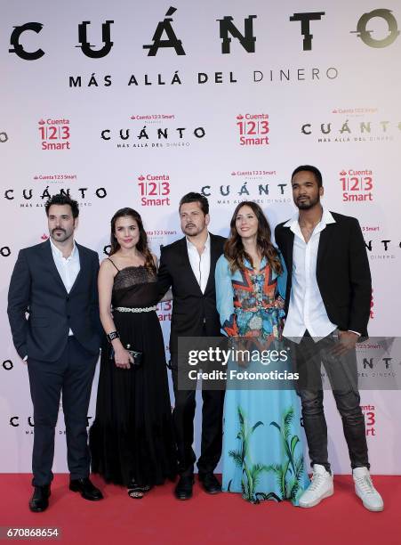 Miquel Fernandez, Adriana Ugarte, Kike Maillo, Barbara Gienaga and Will Shephard attend the 'Cuanto.Mas Alla del DInero' premiere at Callao cinema on...