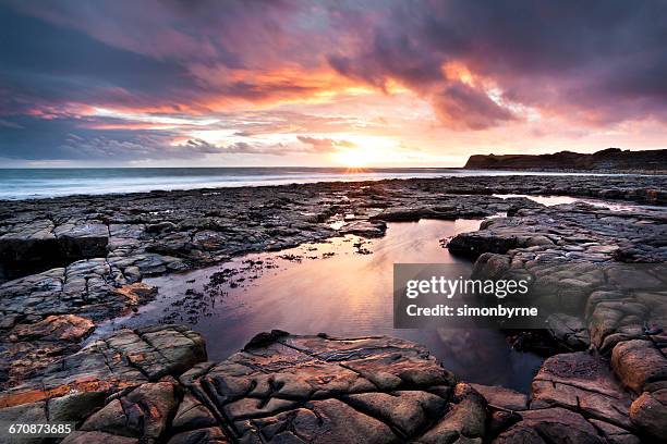 coastal landscape ledges at sunset, kimmeridge, dorset, england, uk - jurassic coast - fotografias e filmes do acervo