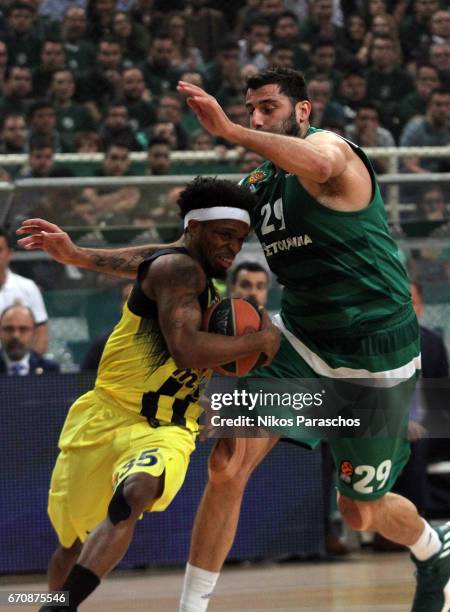 Bobby Dixon of Fenerbahce Istanbul competes with Ioannis Bourousis, #29 of Panathinaikos Superfoods Athens during the 2016/2017 Turkish Airlines...