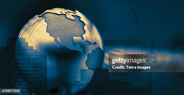 globe against buildings - demolition site stock illustrations