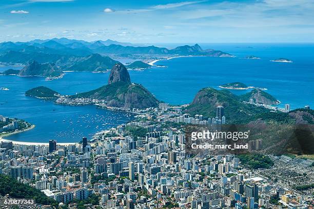 sugar loaf mountain and niteroi beach, rio de janeiro, brazil - rio de janeiro aerial stock pictures, royalty-free photos & images