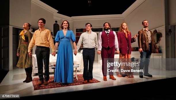 Lowenna Melrose, Tom Rosenthal, Charlotte Ritchie, Simon Bird, Matt Berry, Lily Cole and John Seaward bow at the curtain call during the press night...