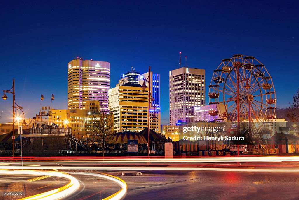Canada, Manitoba, Winnipeg, Long exposure of car traffic at dusk