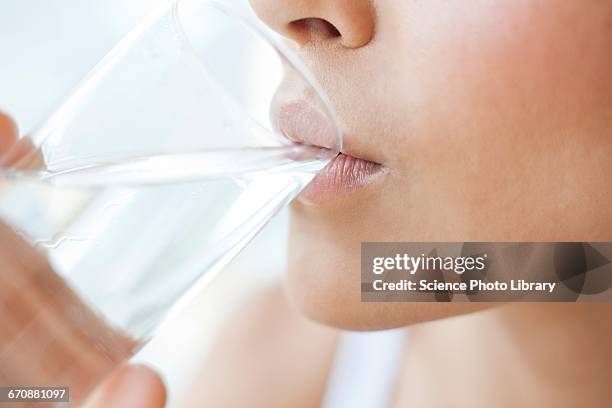 young woman drinking a glass of water - drinking water glass woman stock-fotos und bilder