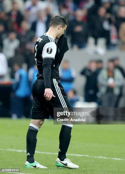 Matej Mitrovic of Besiktas after missing a penalty kick against Olympique Lyonnais during the UEFA Europa League quarter final second match between...