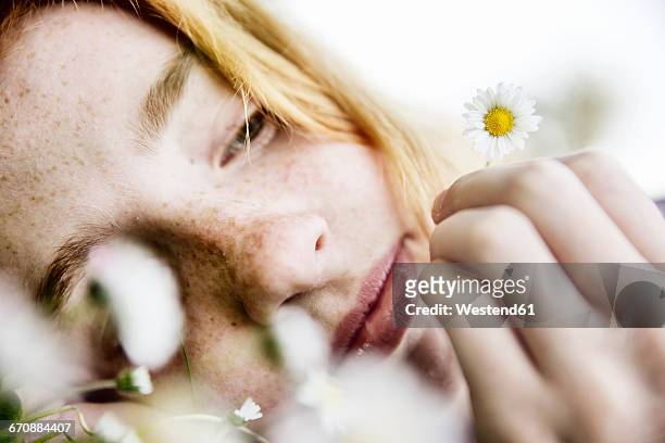 girl holding daisy in her hand, close-up - hand holding flower stock-fotos und bilder